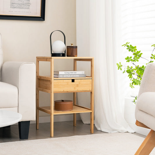 Bamboo Nightstand with Storage Drawer and Slatted Shelf-1 Piece, Natural Nightstands at Gallery Canada
