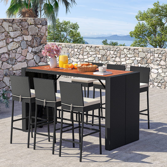 7 Piece Patio Rattan Bar Set, Seat Cushions, Porch Yard Garden