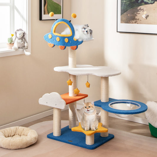 49 Inches Tall Cat Tree, UFO Top Perch, Space Capsule, Blue Cat Trees Condos & Scratchers Blue at Gallery Canada