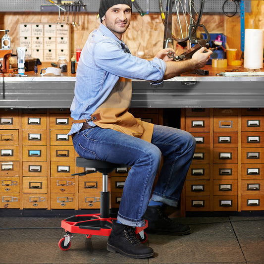 330 LBS Pneumatic Rolling Mechanic Stool, Padded Seat, Red Garages Red at Gallery Canada