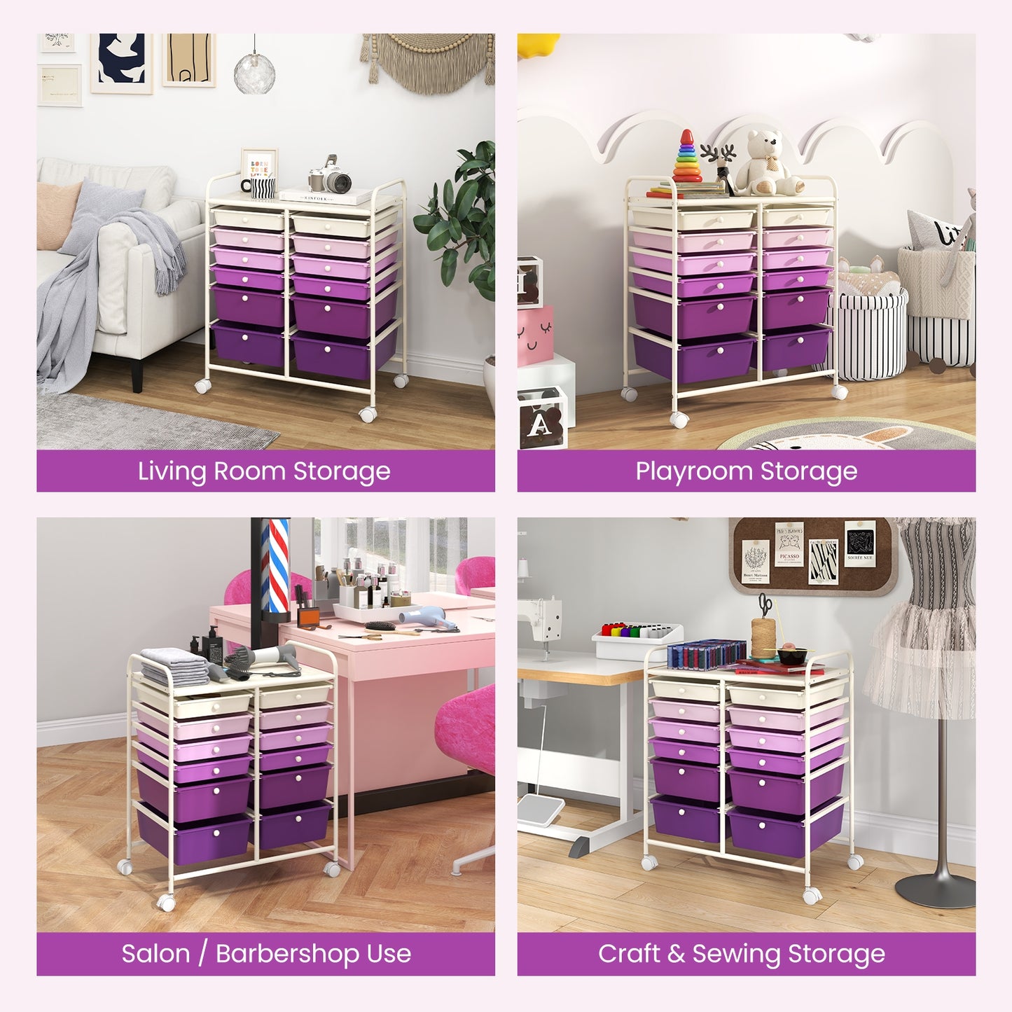12-Drawer Rolling Storage Cart with Removable Drawers and Lockable Wheels, Purple File Cabinets at Gallery Canada