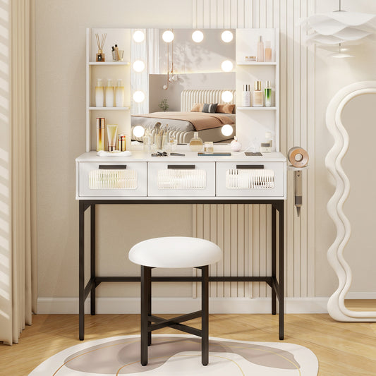 Makeup Vanity Desk With Hollywood Mirror, Lights, White