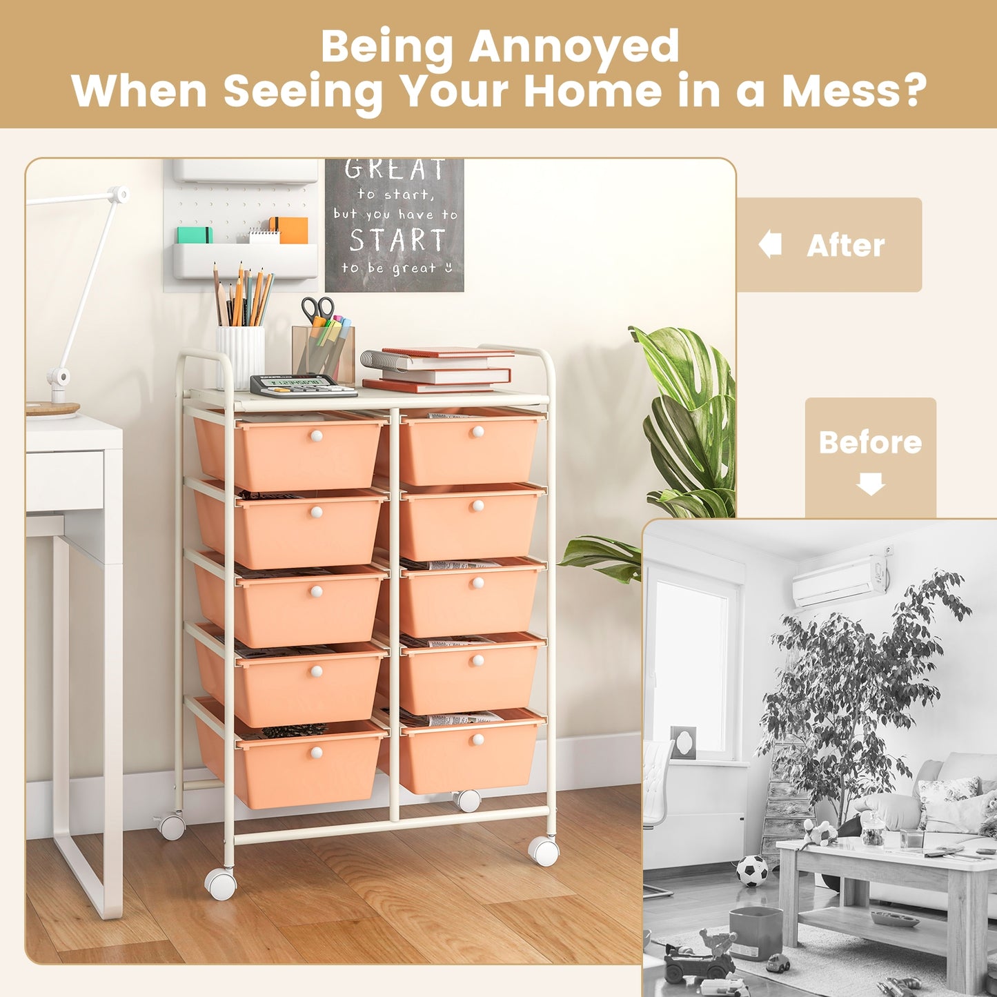 10-Drawer Rolling Storage Cart, Peach File Cabinets at Gallery Canada