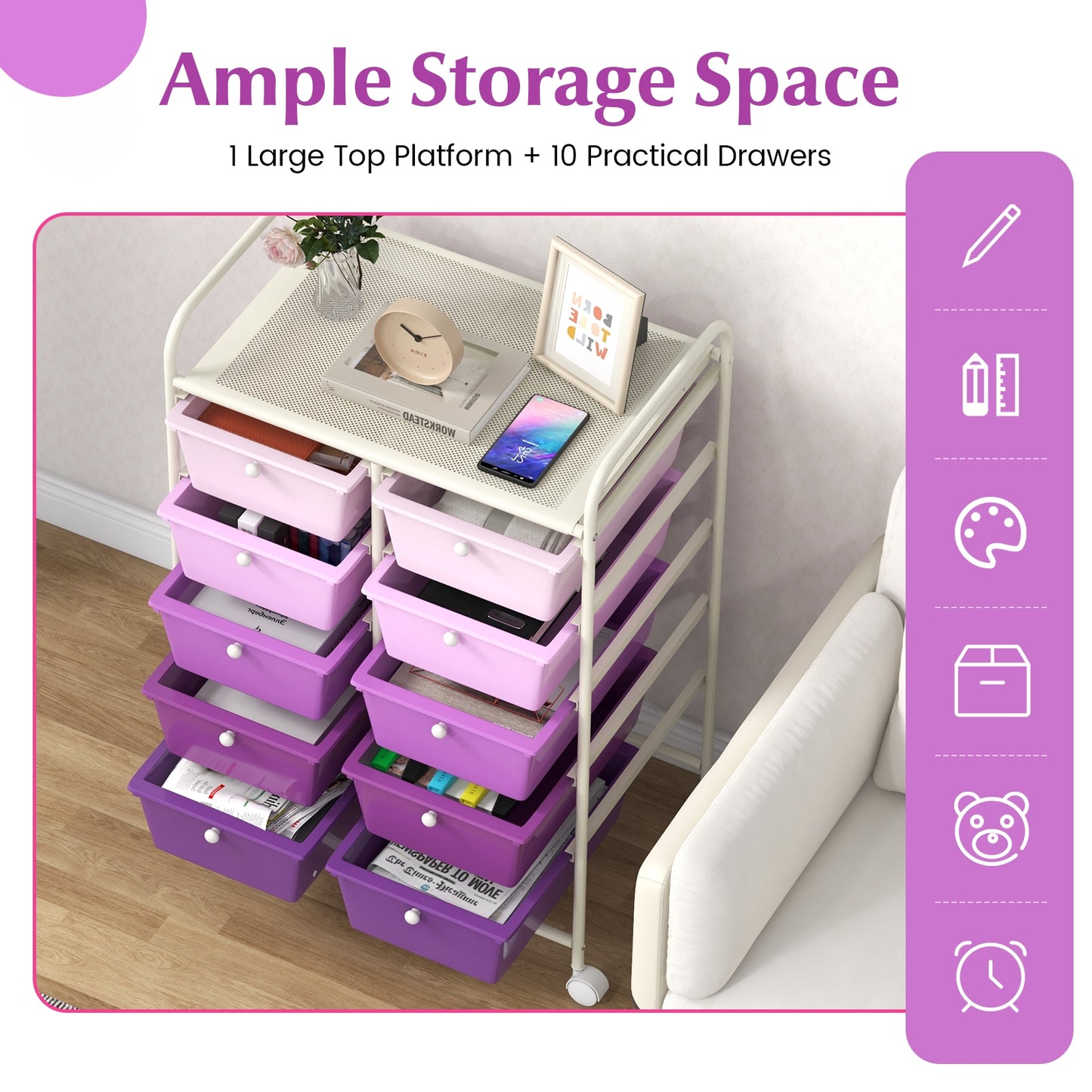 10-Drawer Rolling Storage Cart, Purple File Cabinets at Gallery Canada