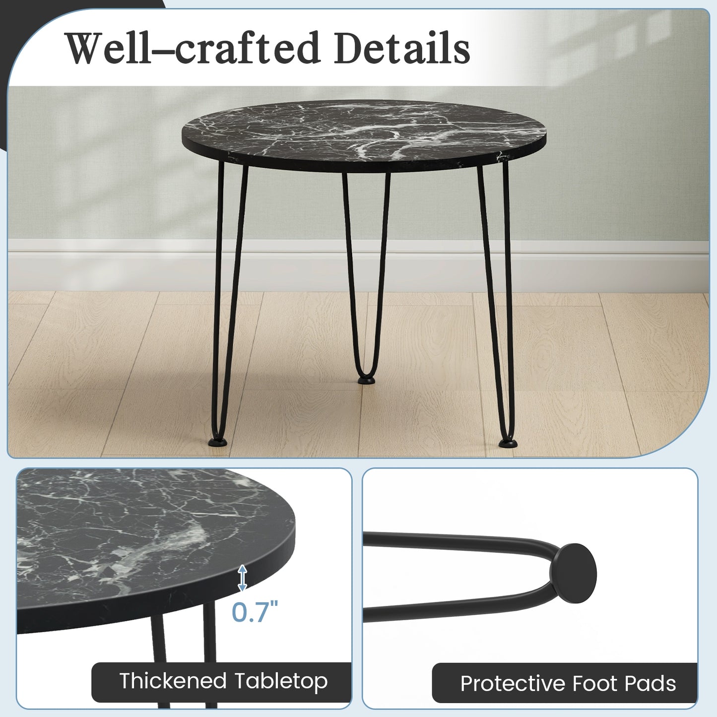 Table basse ronde, Plateau épaissi, Pieds en trépied métallique, Noir