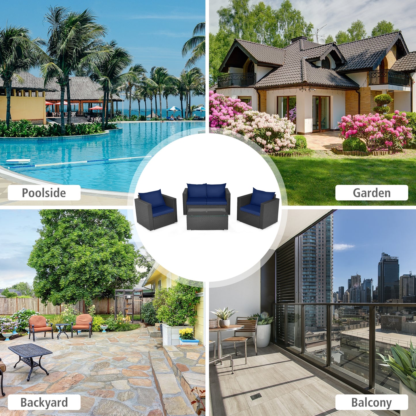 Patio Rattan Conversation Set, 4 Pieces, Padded Cushions, Navy Patio Conversation Sets at Gallery Canada
