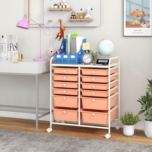 12-Drawer Rolling Storage Cart with Removable Drawers and Lockable Wheels, Peach File Cabinets Peach at Gallery Canada