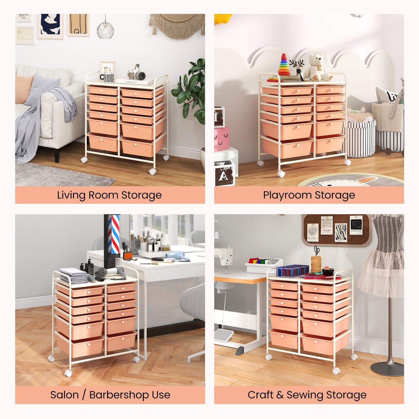 12-Drawer Rolling Storage Cart with Removable Drawers and Lockable Wheels, Peach File Cabinets at Gallery Canada