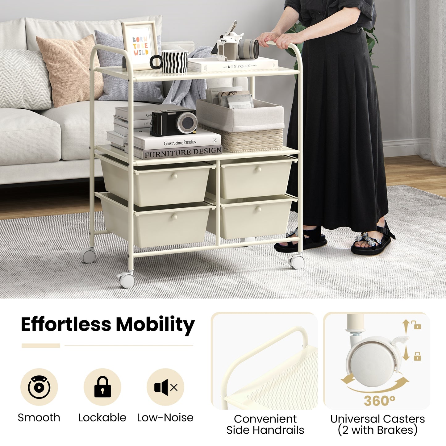 12-Drawer Rolling Storage Cart, Removable Drawers, Lockable Wheels, Beige File Cabinets at Gallery Canada