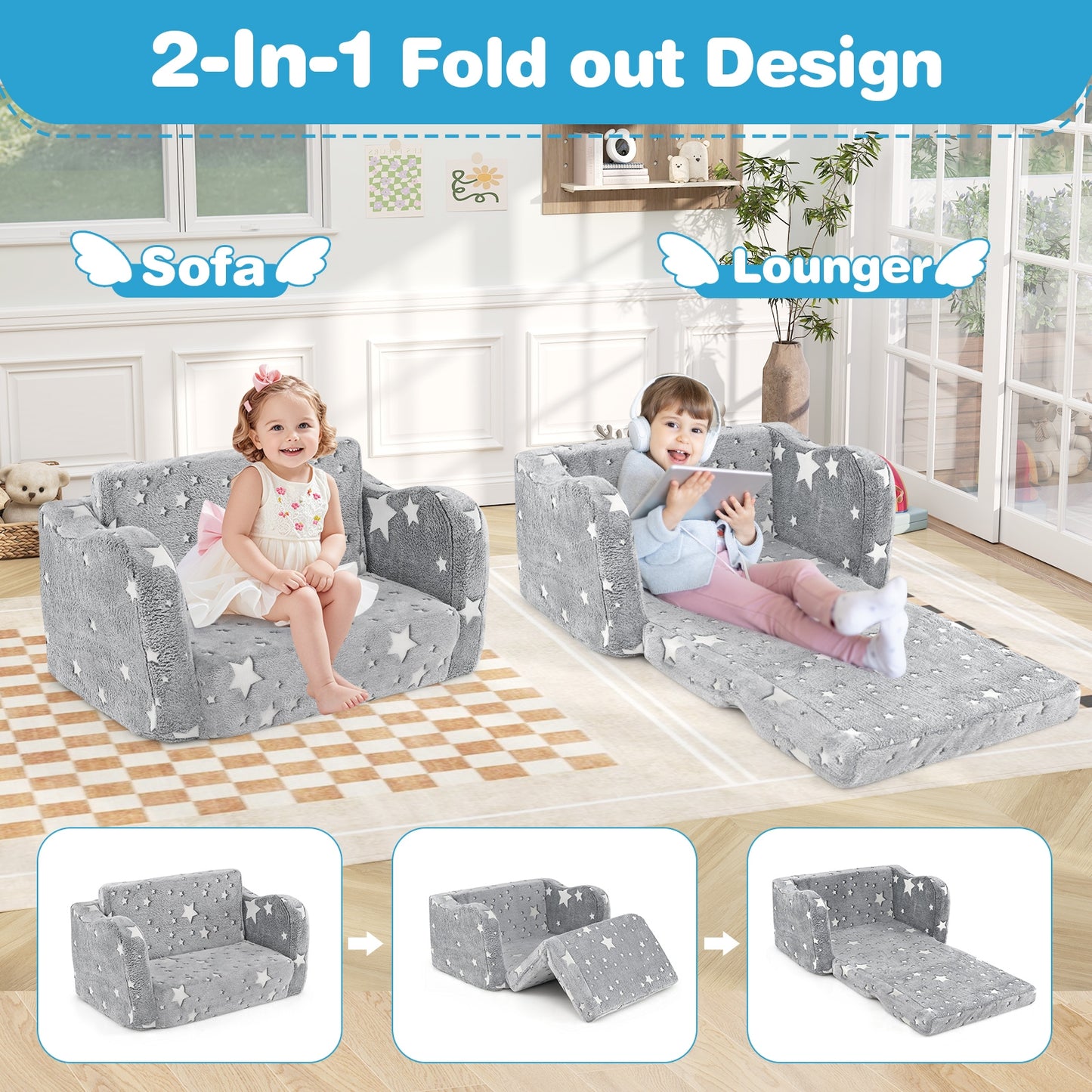 2-in-1 Folding Kids Couch With Blanket, Glow In Dark, Gray Kids Chairs & Seating at Gallery Canada