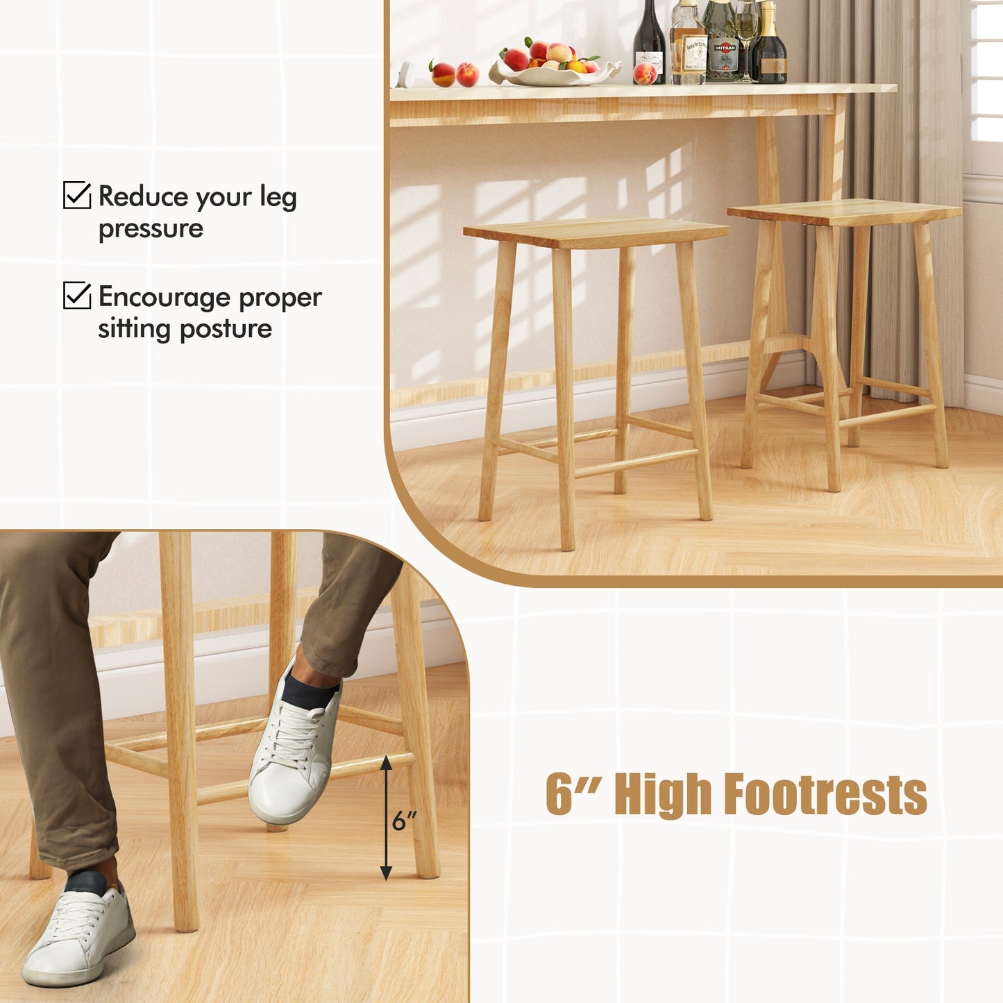 Tabourets de bar de 25,5 pouces, lot de 2 avec repose-pieds, naturel