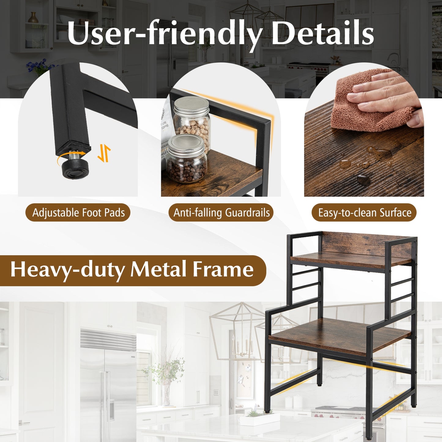 3-Tier Microwave Stand, 2 Open Shelves, Heavy-Duty Metal Frame, Rustic Brown Baker's Racks at Gallery Canada