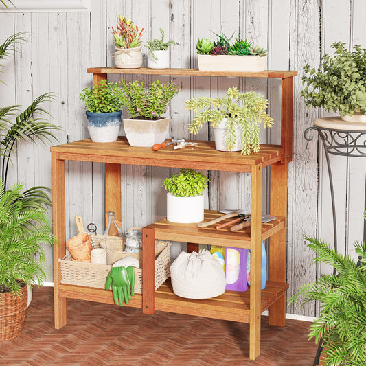 Outdoor Garden Potting Wood Planting Workstation with Open Shelves Potting Benches & Tables Natural at Gallery Canada