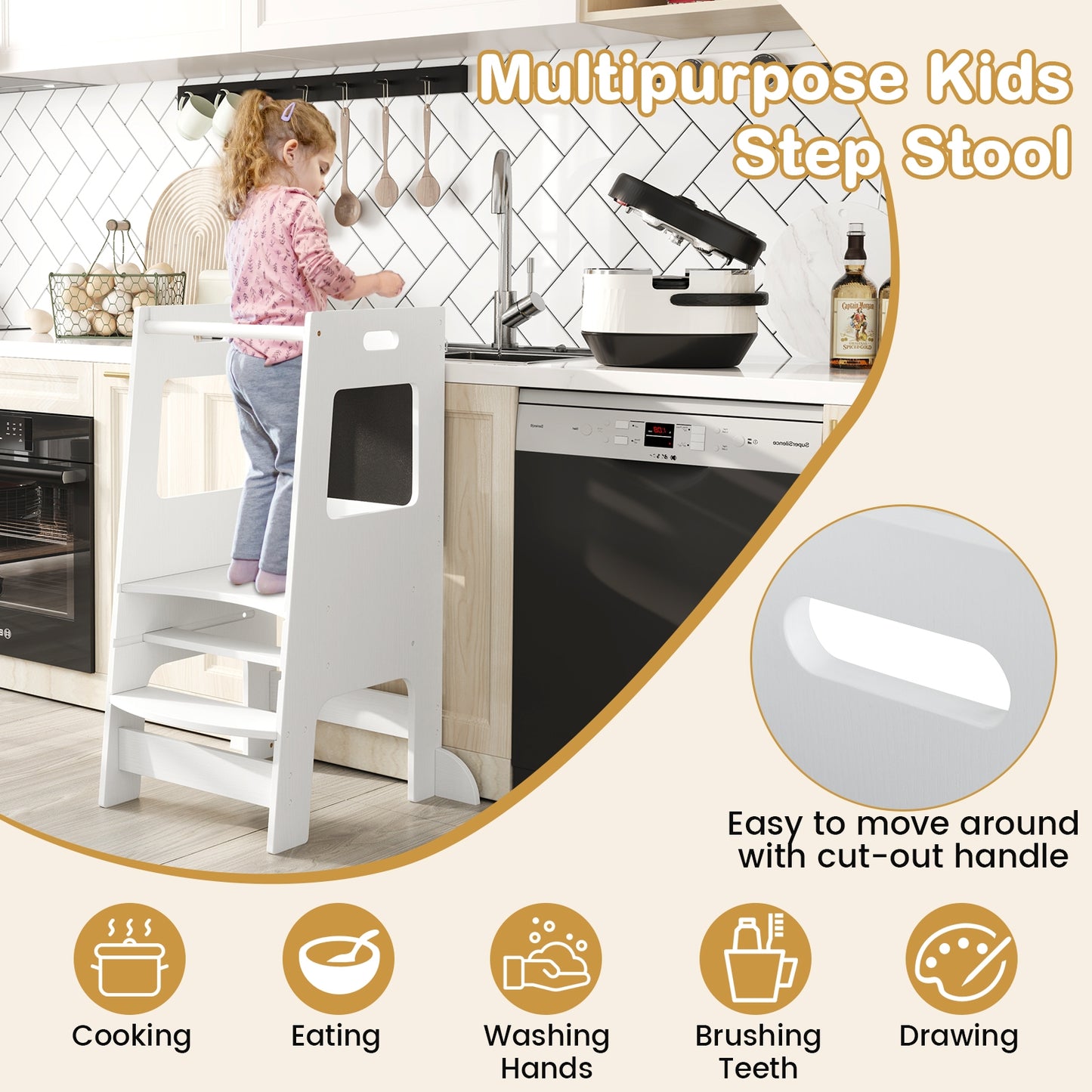 Toddler Kitchen Step Stool, Adjustable Height, White Toddler & Kids Furniture at Gallery Canada