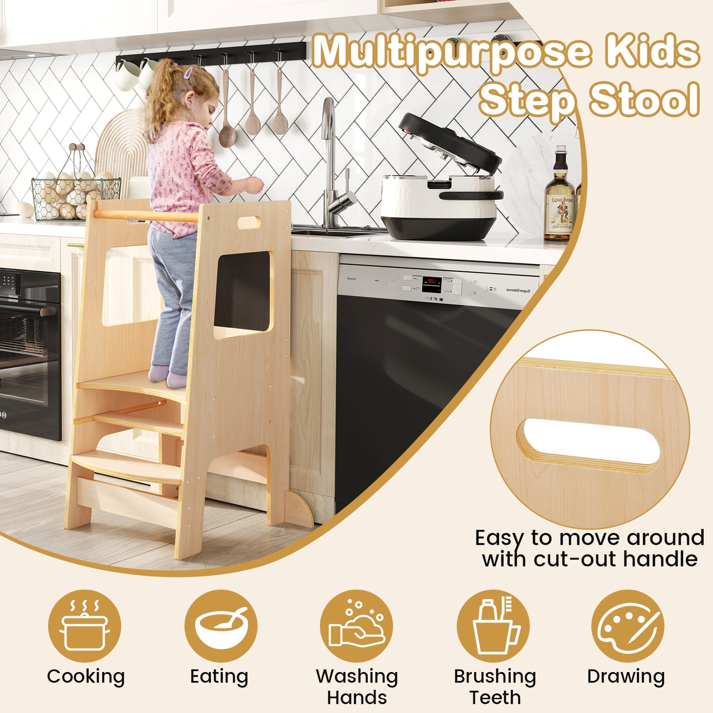 Toddler Kitchen Step Stool, Adjustable Height, Chalkboard, Natural Toddler & Kids Furniture at Gallery Canada