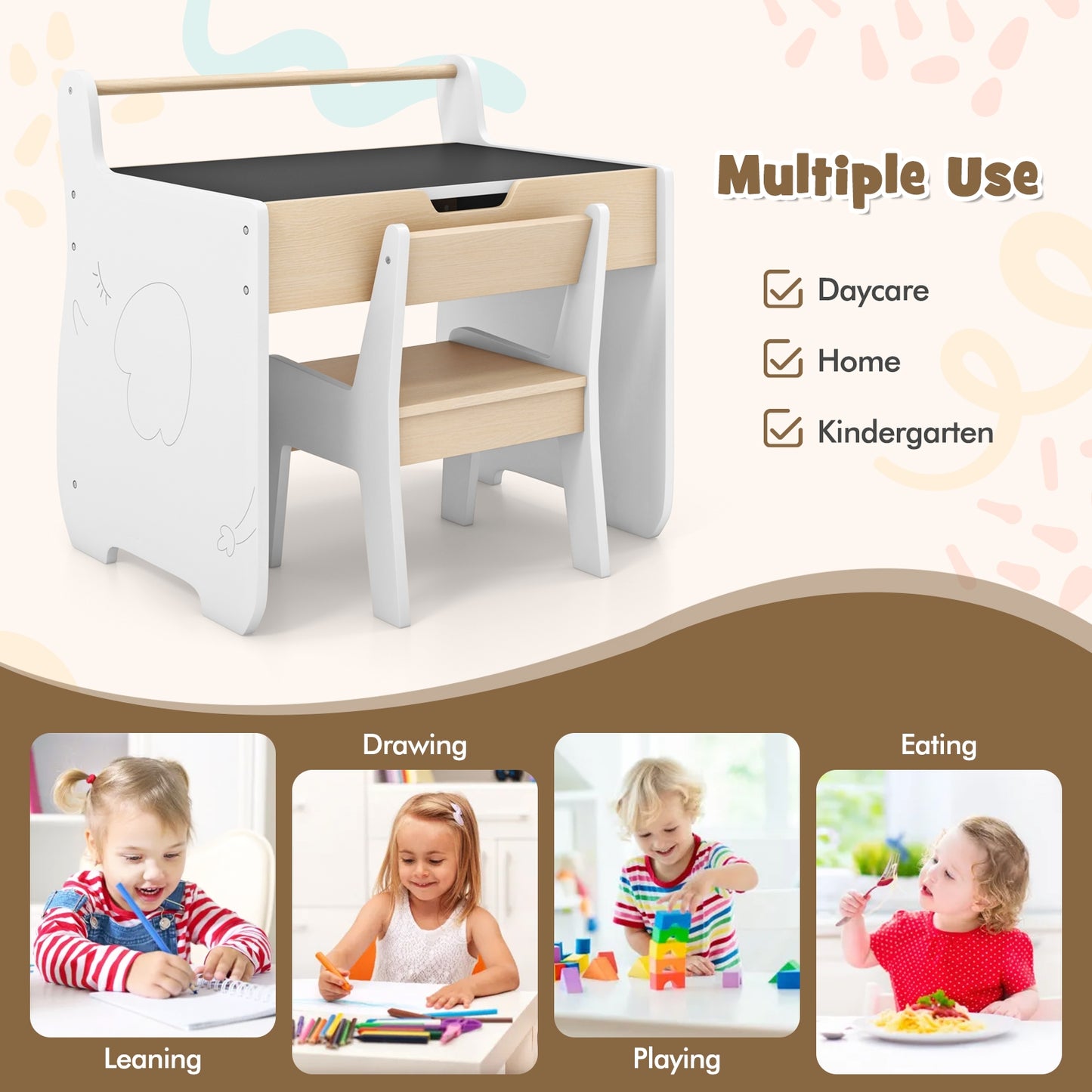 Kids Table And Chair Set, 2 In 1 Detachable Tabletop, Storage, White