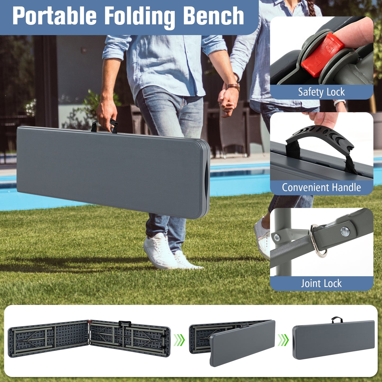 6 Feet Plastic Folding Bench, Portable Seat With Handle And Lock, Gray Camping Furniture at Gallery Canada