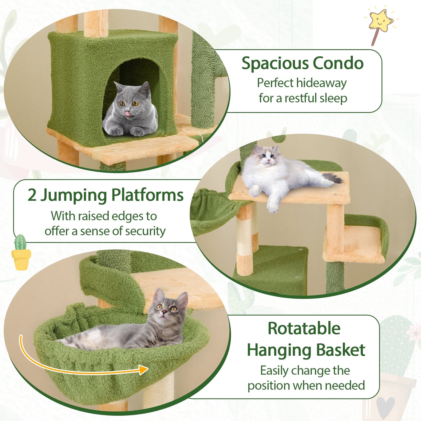 63 Inch Cactus Cat Tree with Sisal Scratching Posts and Board for Indoor Cats, Green Cat Trees Condos & Scratchers at Gallery Canada
