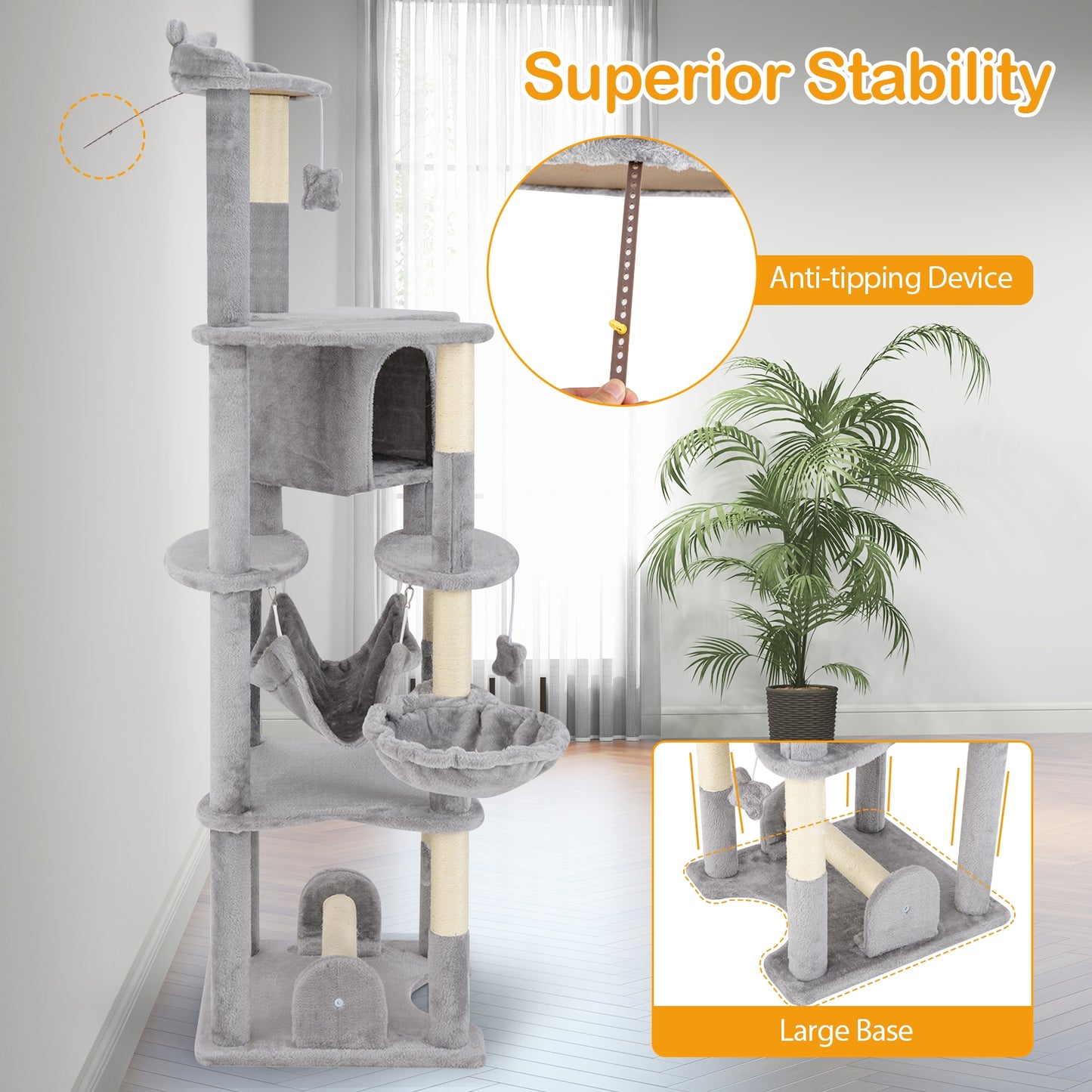 69 Inch Multi-Level Cat Tree, Top Perch, Cozy Condo, Gray Cat Trees Condos & Scratchers at Gallery Canada