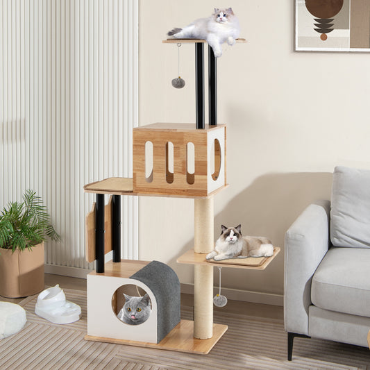 Modern Tall Cat Tower, Double Condos, Dangling Balls, Sisal Carpets, Natural