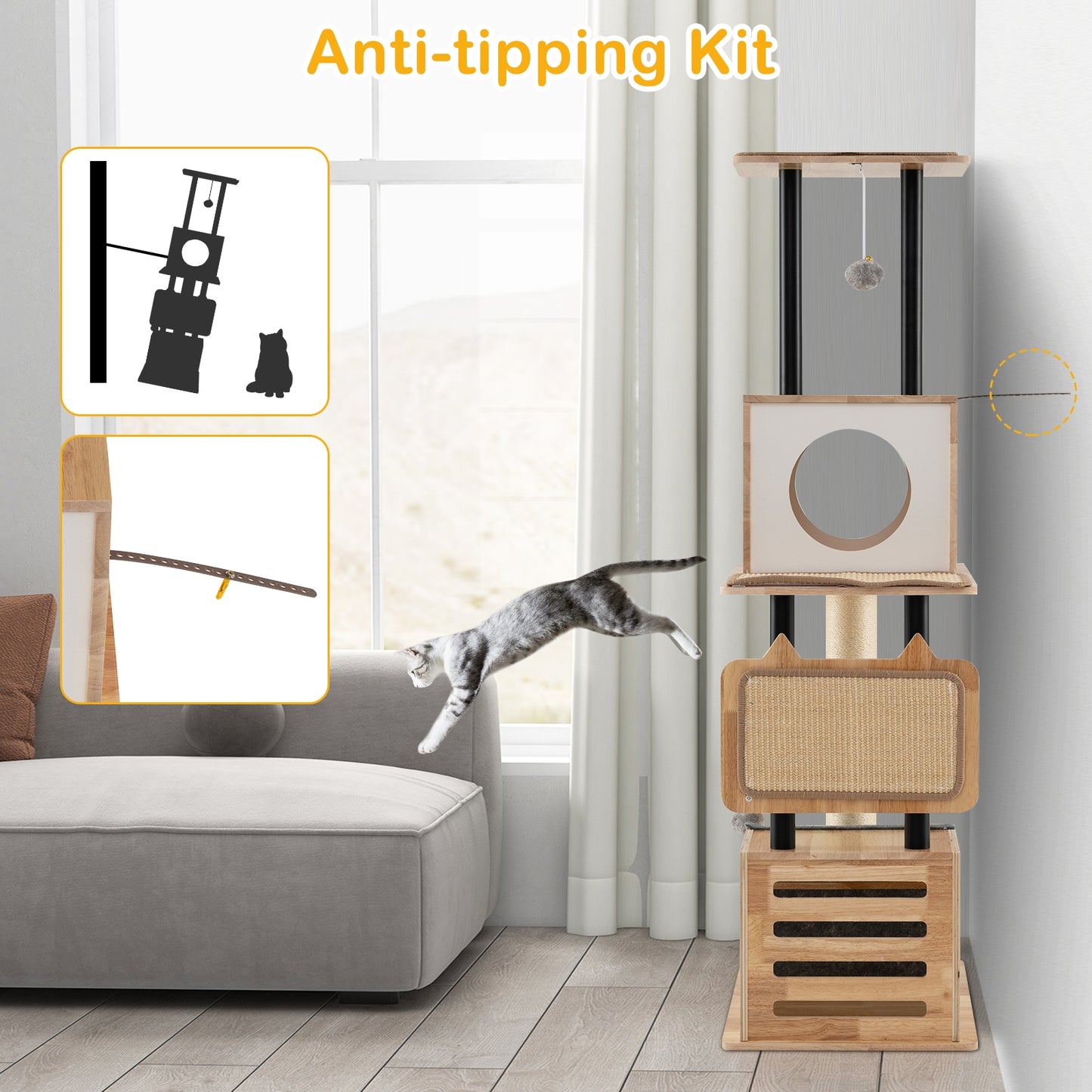 Modern Tall Cat Tower, Double Condos, Dangling Balls, Sisal Carpets, Natural Cat Trees Condos & Scratchers at Gallery Canada