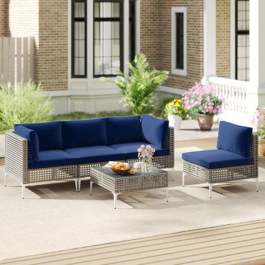 5 Piece Patio Rattan Furniture Set, With Tempered Glass Coffee Table, Navy
