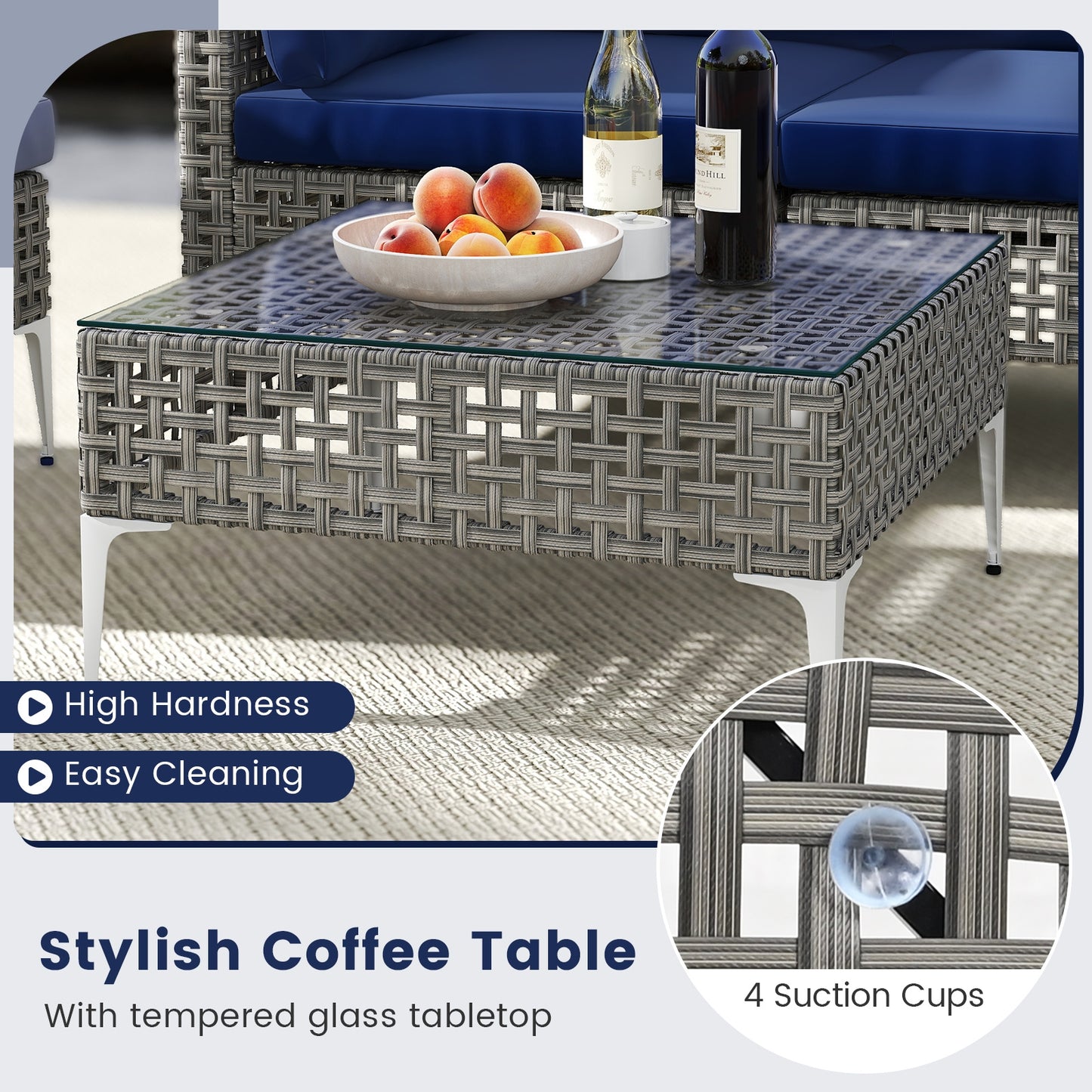 5 Piece Patio Rattan Furniture Set, With Tempered Glass Coffee Table, Navy Outdoor Sectionals at Gallery Canada