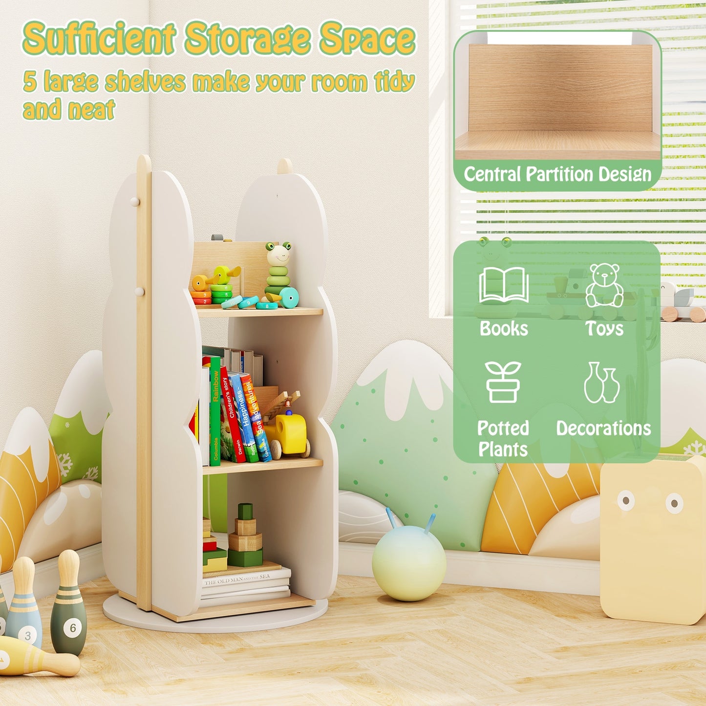 Kids Rotating Bookshelf Toy Storage Organizer, 5 Shelves, White Kids Storage at Gallery Canada