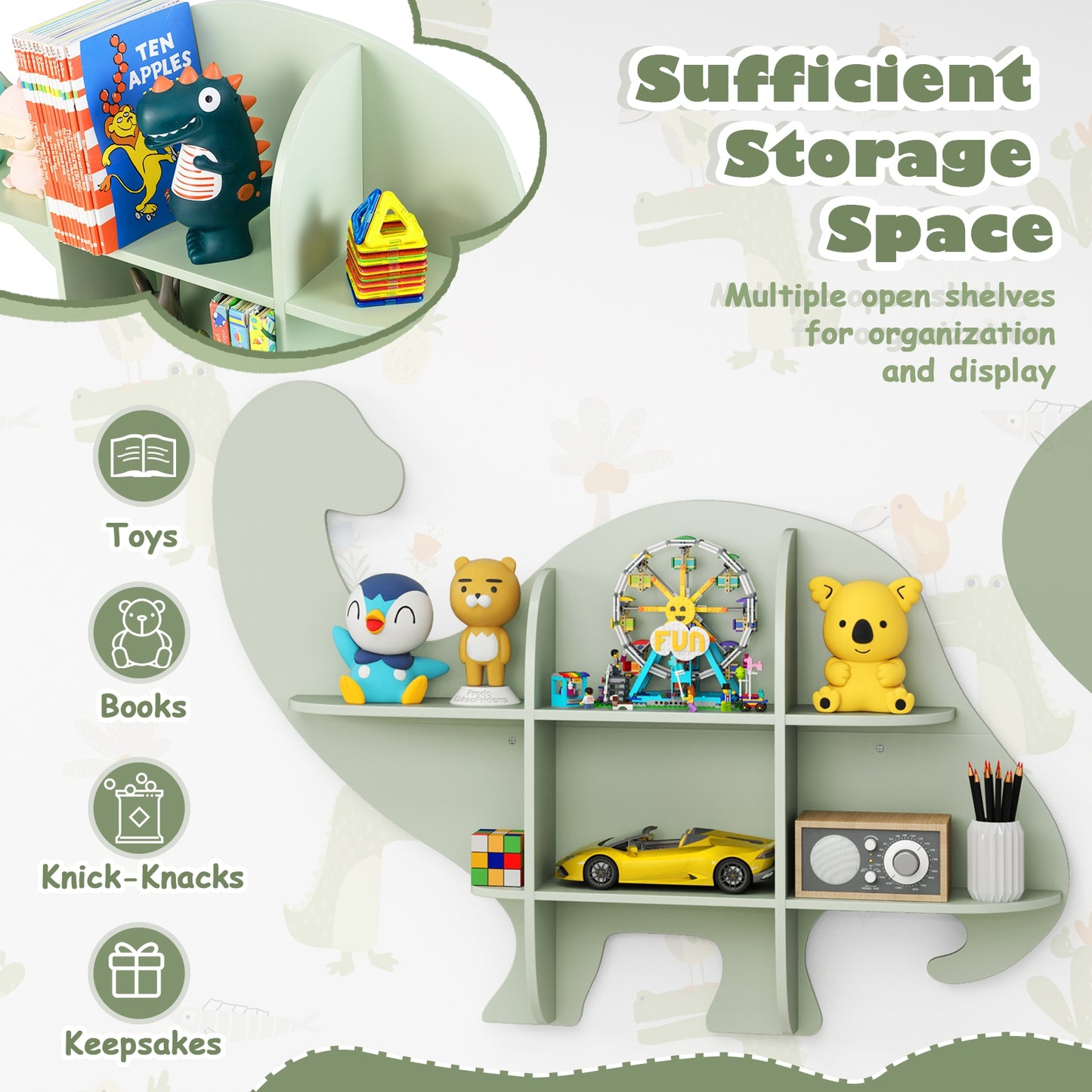2-Tier Floating Dinosaur Bookshelf, Green Kids Storage at Gallery Canada
