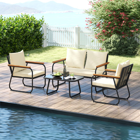 4 Piece Patio Furniture Set, Tempered Glass Coffee Table, Off White Patio Conversation Sets Off White at Gallery Canada