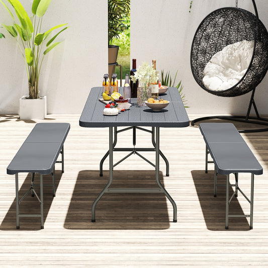 6 Feet Folding Table, Wood Grain HDPE Tabletop, Safe Lock Mechanism, Gray Picnic Tables Gray at Gallery Canada