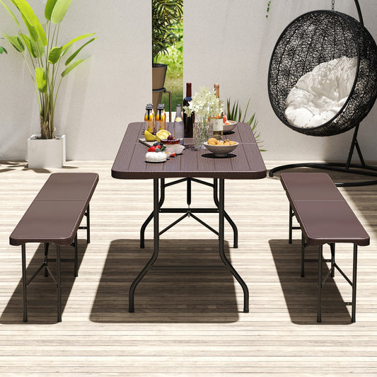 6 Feet Folding Table, Wood Grain HDPE Tabletop, Safe Lock Mechanism, Brown Picnic Tables Brown at Gallery Canada