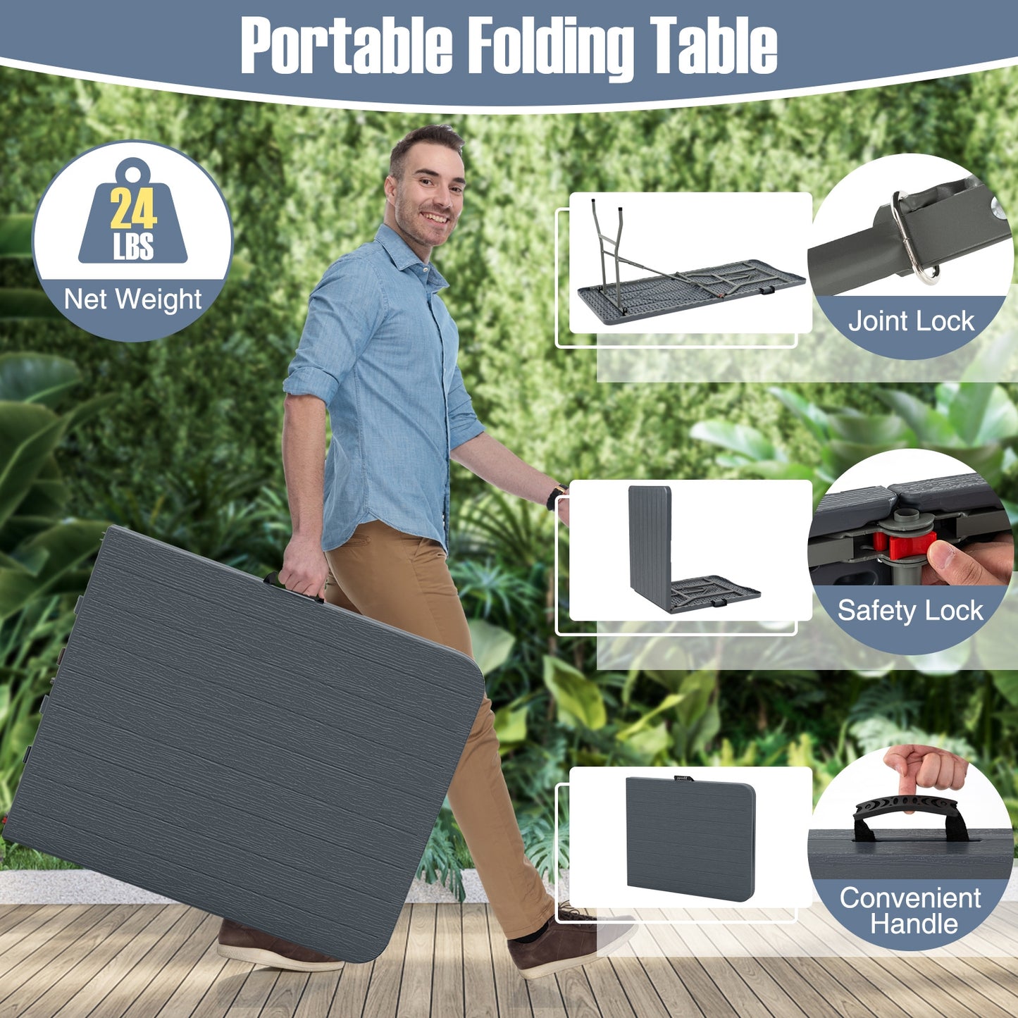 6 Feet Folding Table, Wood Grain HDPE Tabletop, Safe Lock Mechanism, Gray Picnic Tables at Gallery Canada