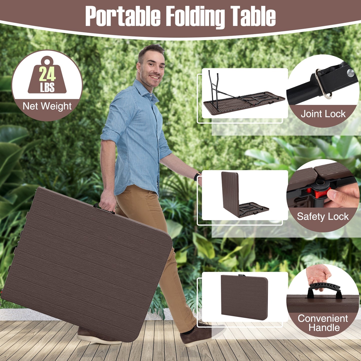 6 Feet Folding Table, Wood Grain HDPE Tabletop, Safe Lock Mechanism, Brown Picnic Tables at Gallery Canada