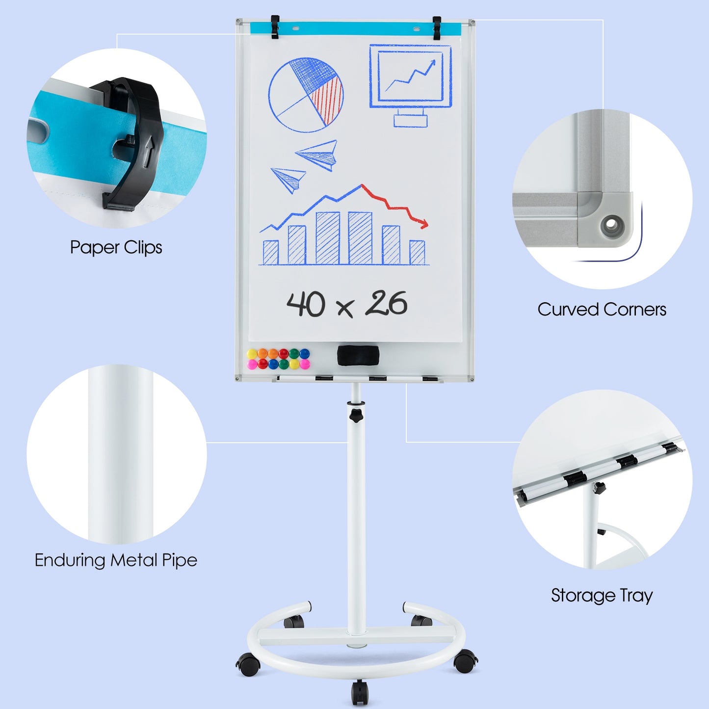 Height-Adjustable Mobile Whiteboard, Round Stand Paper Clips, White Home Office at Gallery Canada