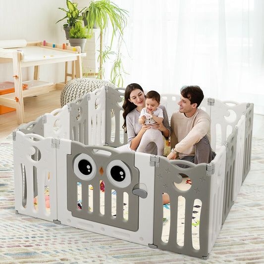 14-Panel Baby Playpen Kids Activity Center Foldable Play Yard with Lock Door, Beige Baby Playpen & Playards Beige at Gallery Canada