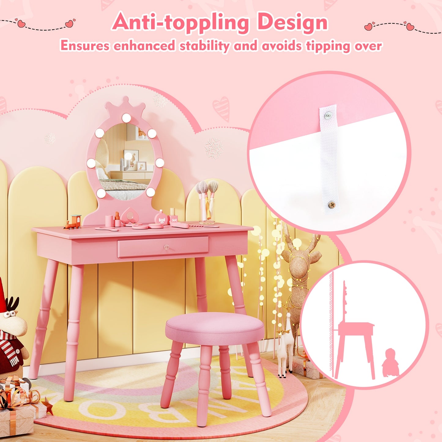 Kids Vanity Set with Lighted Mirror with Adjustable Brightness and Large Drawer, Pink Kids Vanities at Gallery Canada
