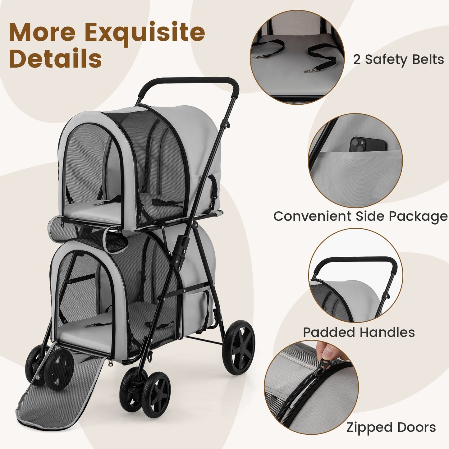 4-in-1 Double Pet Stroller, Detachable Carrier, Travel Carriage, Gray Dog Supplies at Gallery Canada