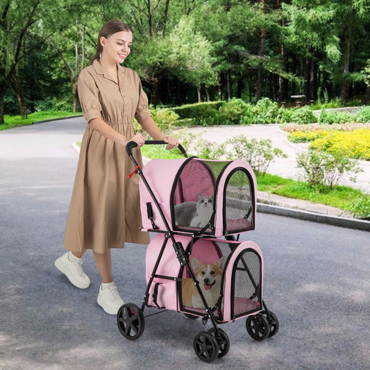 4-In-1 Double Pet Stroller, Detachable Carrier, Travel Carriage, Pink Dog Supplies Pink at Gallery Canada