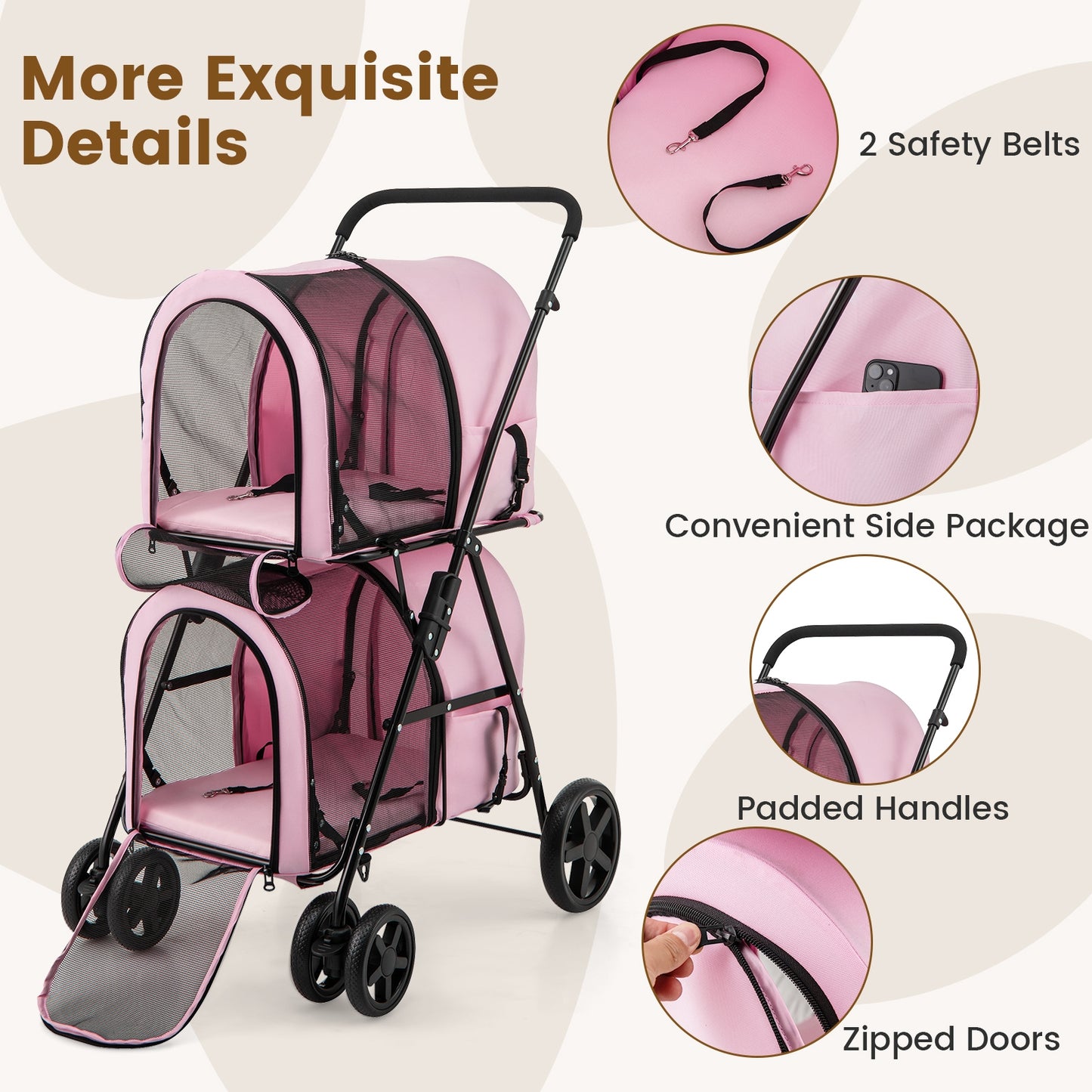 4-In-1 Double Pet Stroller, Detachable Carrier, Travel Carriage, Pink Dog Supplies at Gallery Canada