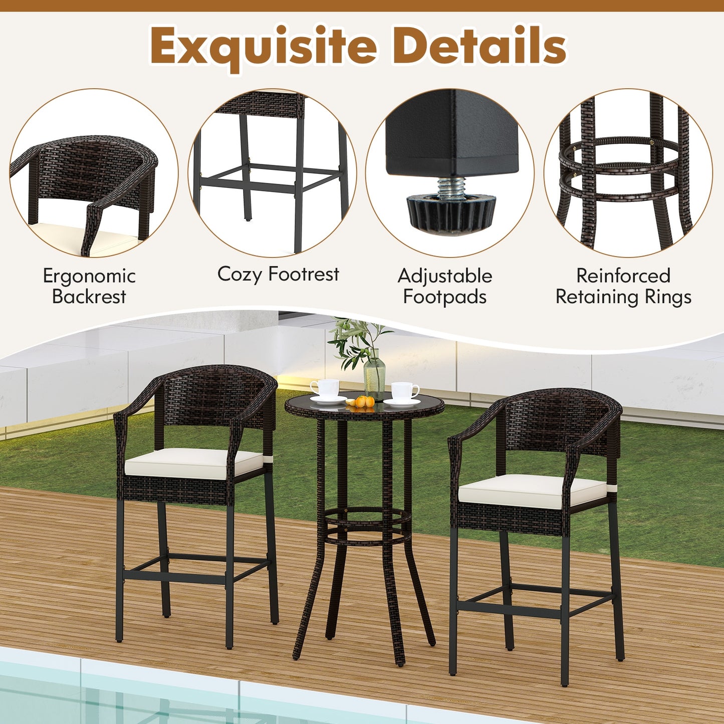 3-Piece Rattan Bar Set, Tempered Glass Top, Brown Patio Bar Furniture at Gallery Canada