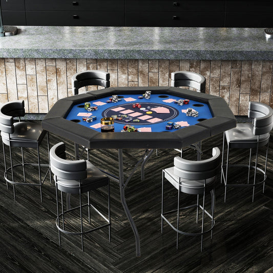 48 Inches Foldable Poker Table, Padded Rails, Cup Holders, Blue Game Room Blue at Gallery Canada