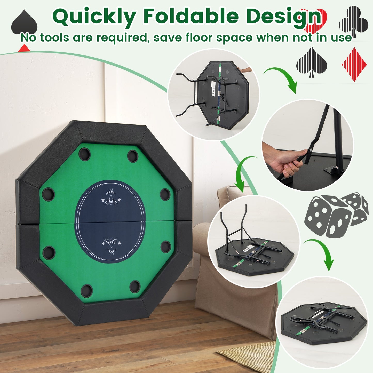 48 Inches Foldable Poker Table, Padded Rails, Cup Holders, Green Game Room at Gallery Canada