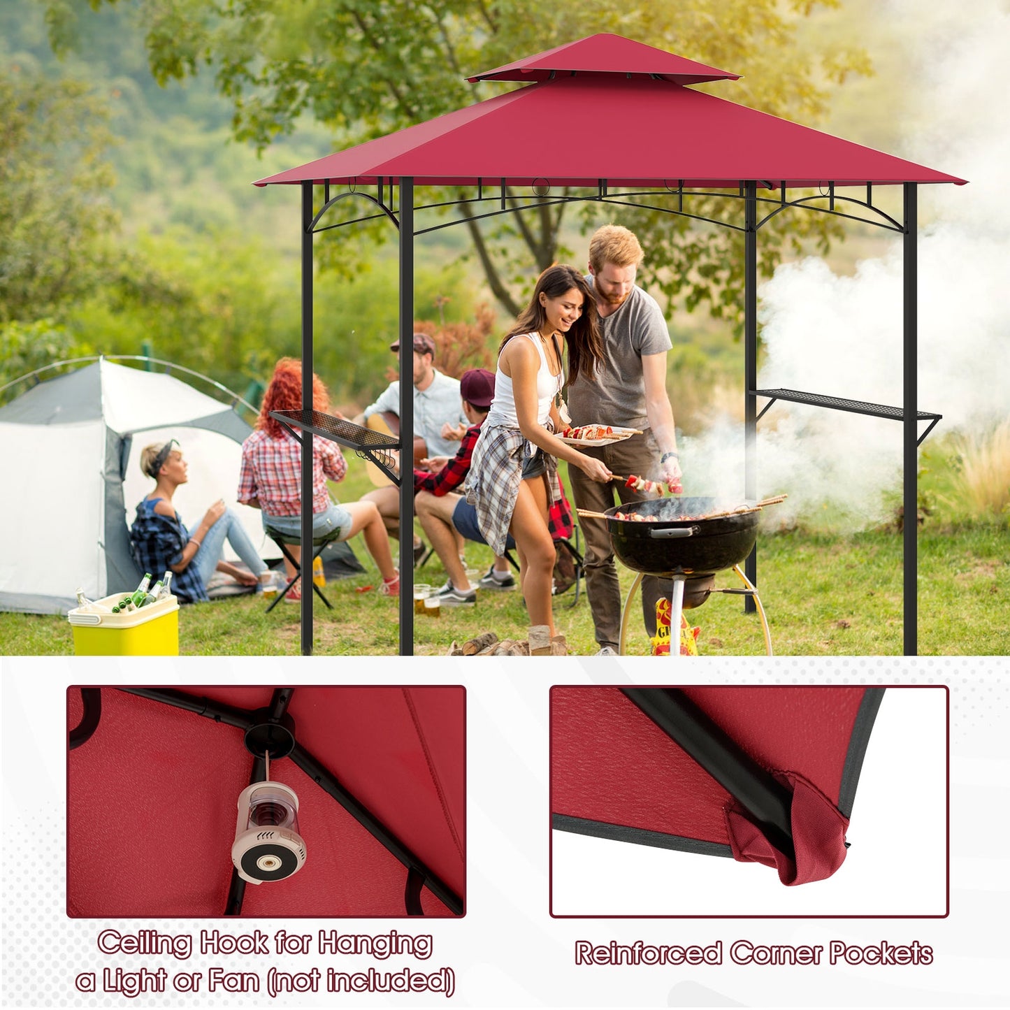 Double-Tiered Grill Gazebo Canopy, 2 Shelves, 7 Hooks, Red Gazebos at Gallery Canada
