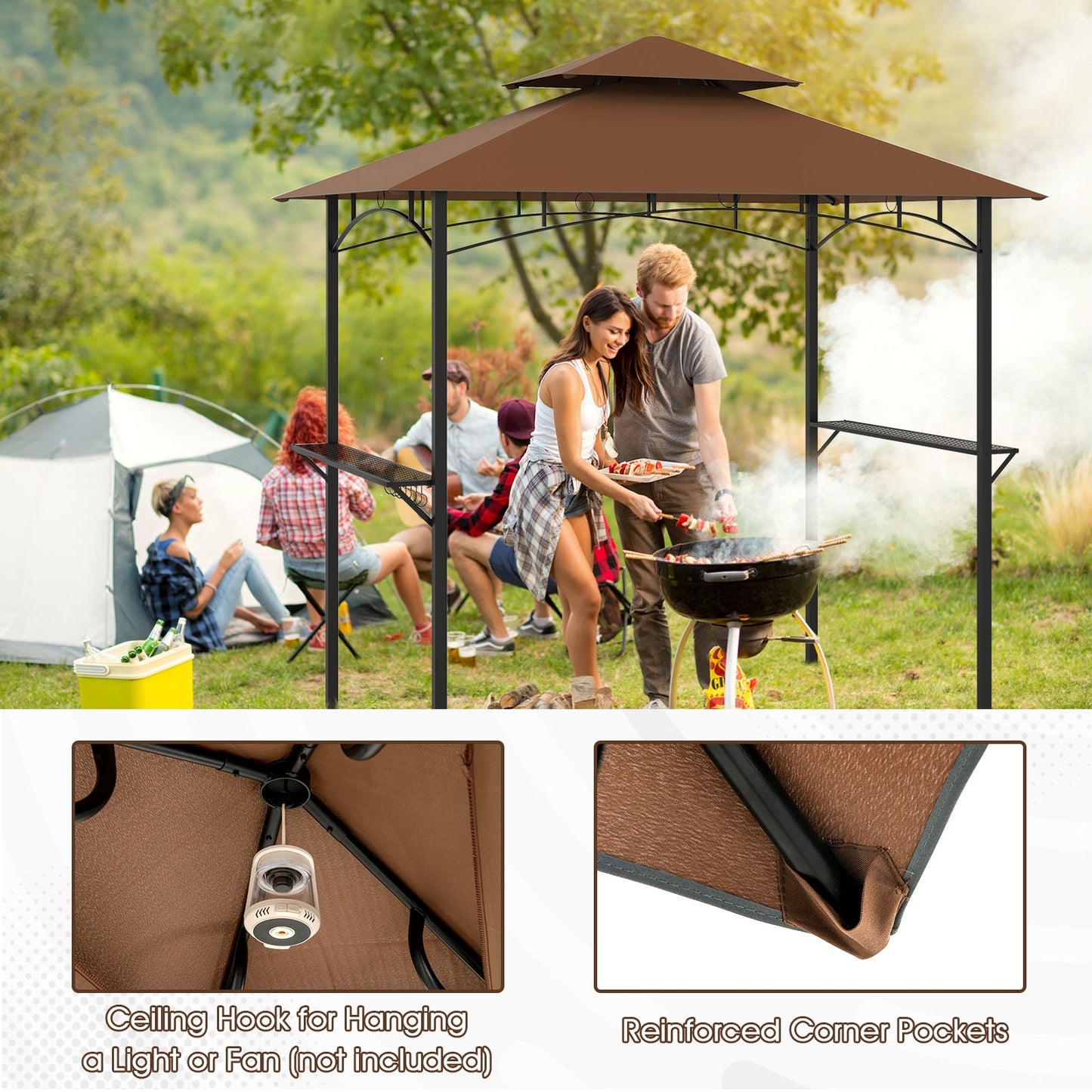 Outdoor Double-Tiered Grill Gazebo Canopy with 2 Shelves and 7 Hooks, Coffee Gazebos at Gallery Canada