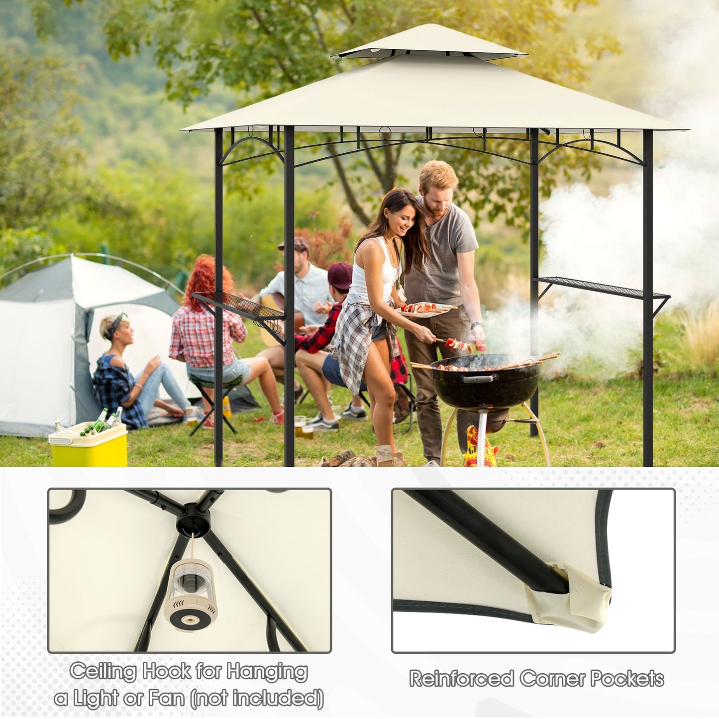 Double-Tiered Grill Gazebo Canopy, 2 Shelves, 7 Hooks, Beige Gazebos at Gallery Canada