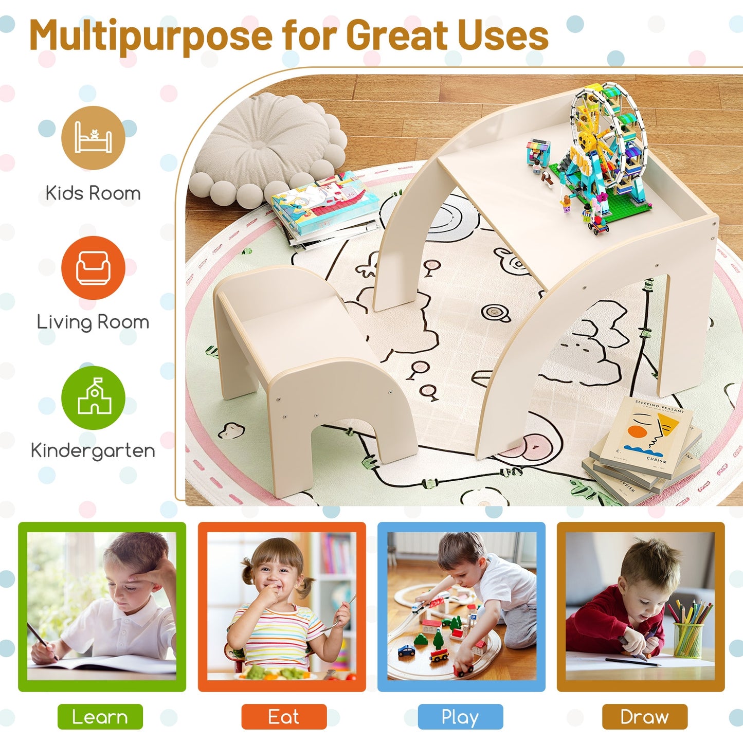 Kids Table And Chair Set, Wide Tabletop, Curved Edges, White