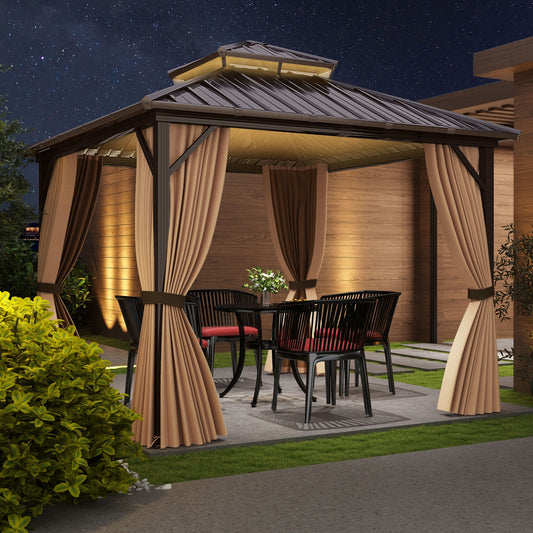 10x10 Feet Hardtop Gazebo With Netting, Curtain, Double-Roof, Coffee Gazebos Coffee at Gallery Canada