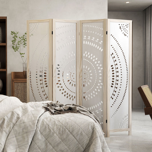 66 Inch 4-Panel Room Divider, Carved Pattern, White Room Dividers White at Gallery Canada