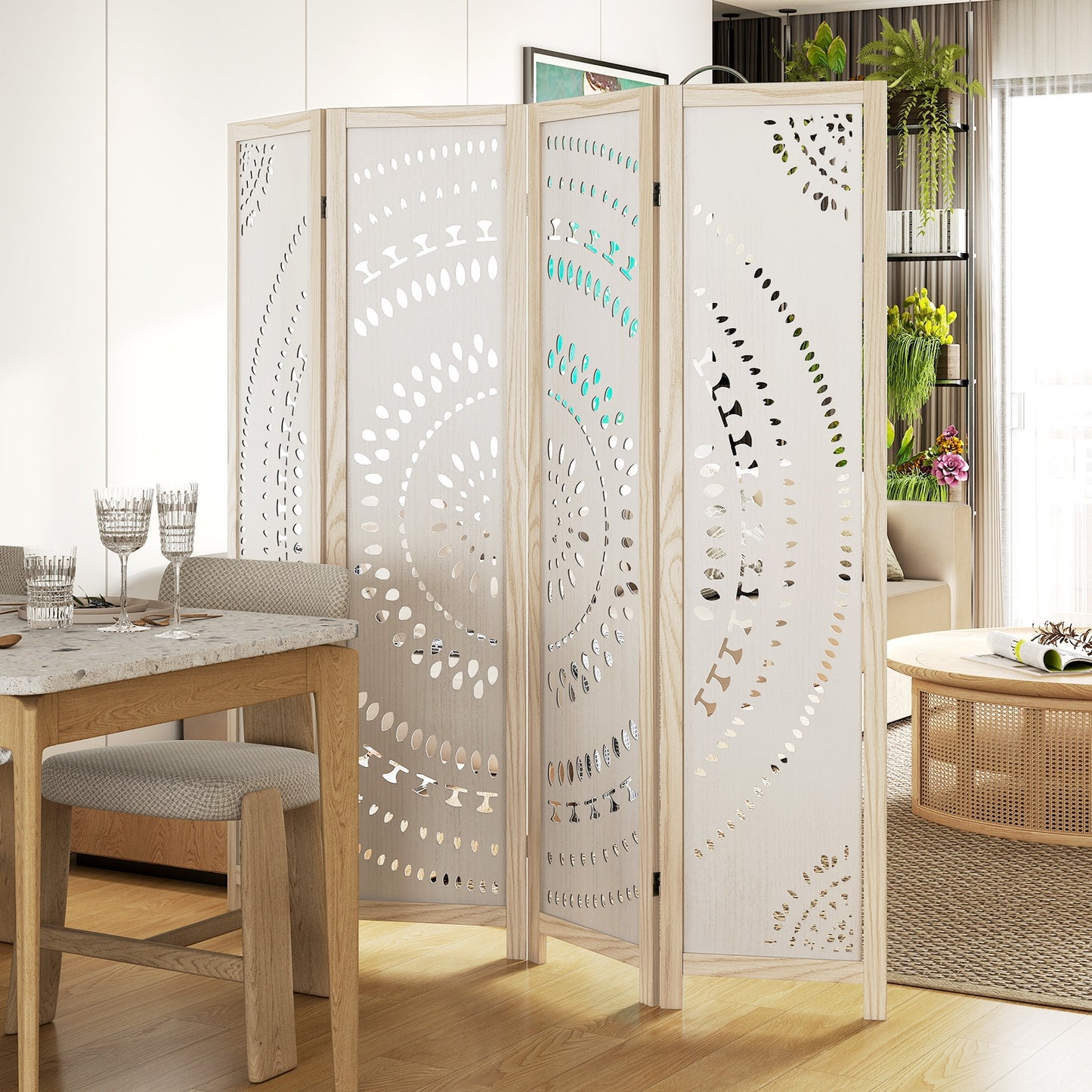 66 Inch 4-Panel Room Divider, Carved Pattern, White Room Dividers at Gallery Canada